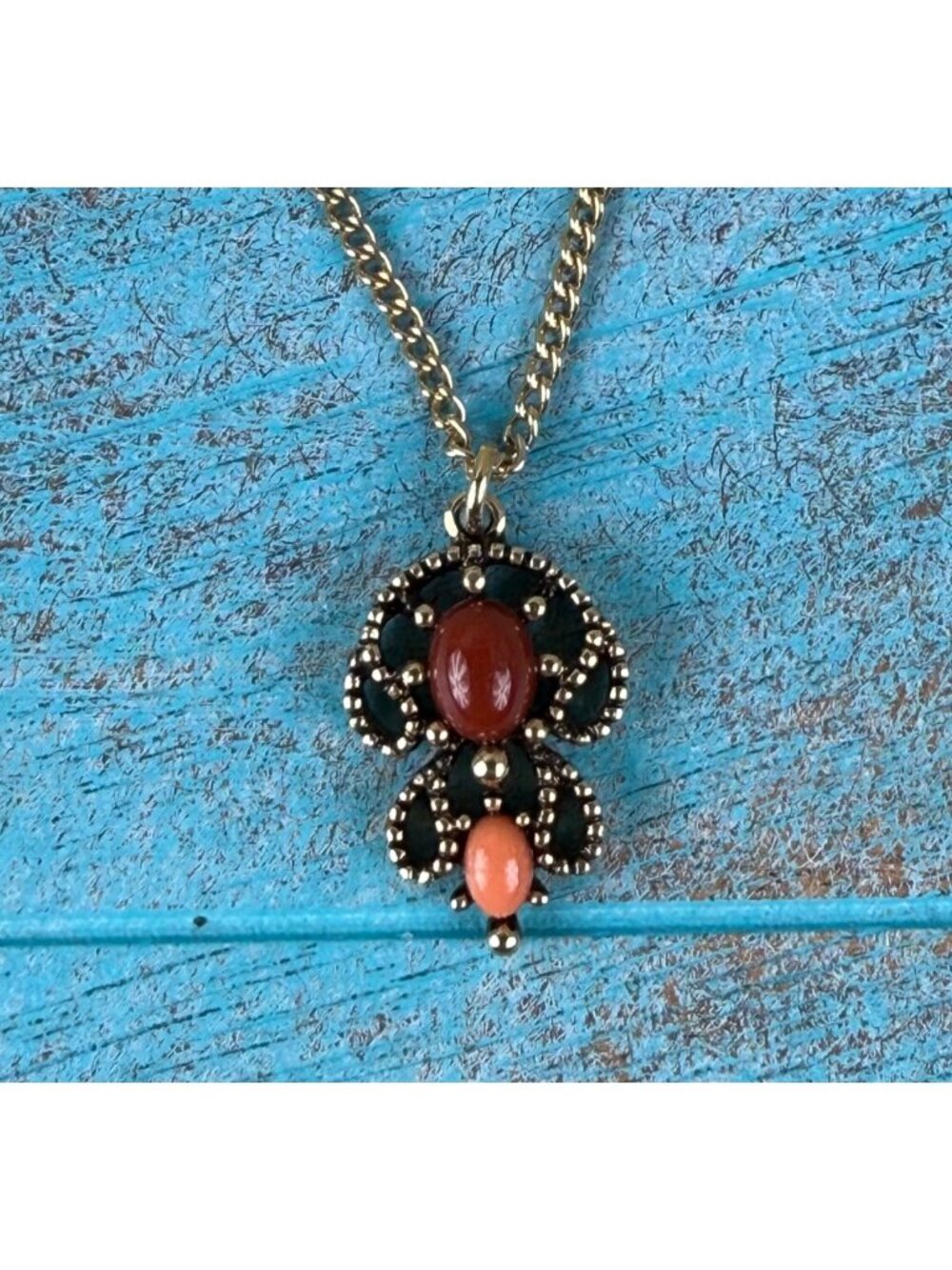 Vintage 1970's Avon Scroll Design Faux Red Cabochon Gold Tone Pendant Necklace